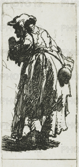 Old beggar woman with a gourd, Beggar Woman with a Gourd, print, printmaker: Rembrandt van Rijn, c.