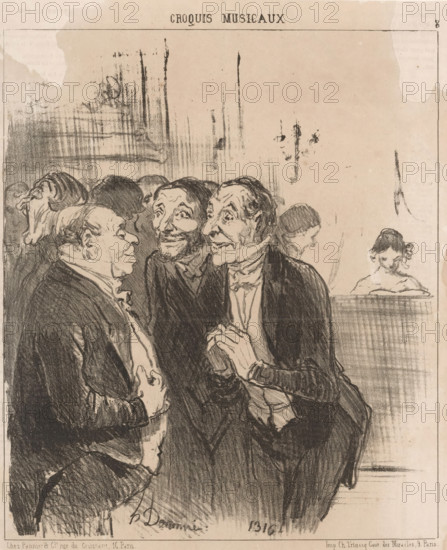 Caricature of two men complimenting a singer's father, Oh! Monsieur, quel talent possède