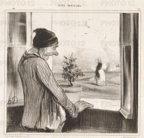 Regrets, Old man sees woman through open window, Parisian types, Types Parisiens, cartoon, Series