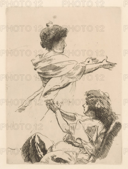 Study of two female figures with outstretched arms, print, Study for the painting L'ile heureuse.,