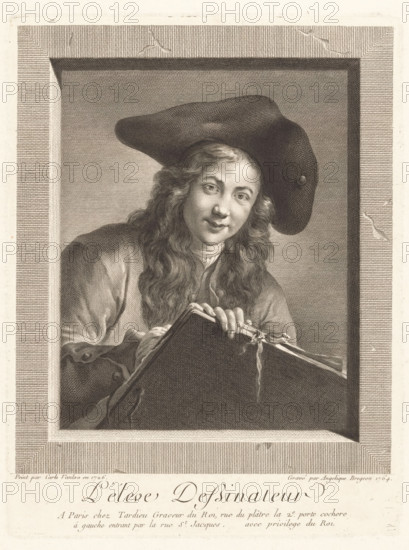 L'éleve Dessinateur, Drawing young man, print, printmaker: Angélique Bregeon, after painting by