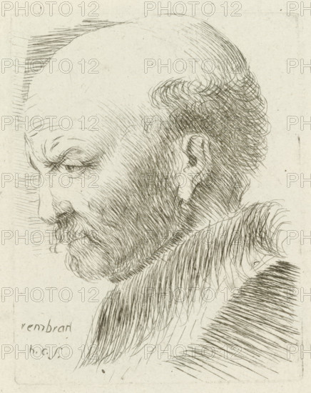 Head of an old man bald on top in profile, print, printmaker: Honoré Coussin, France, after design