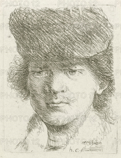 Portrait of Rembrandt with top cap, print, printmaker: Honoré Coussin, France, after design by