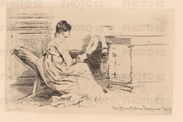 Woman with fan in low chair, print, watermark, printmaker: attributed to Jules Ferdinand