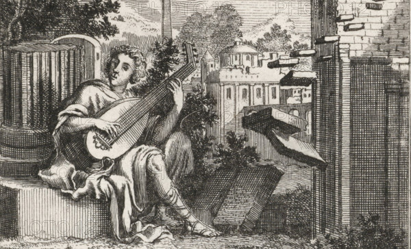 Amphion, playing a lute near the walls of Thebes, print, book illustration, printmaker: Jan Luyken,