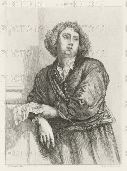 Portrait of Henricus Liberti, print, leaning against the wall, with sheet music in his hand.,