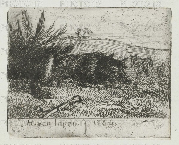 Lying shepherd dog, print, A lying shepherd dog next to a bush. In front of the dog lies a stick in