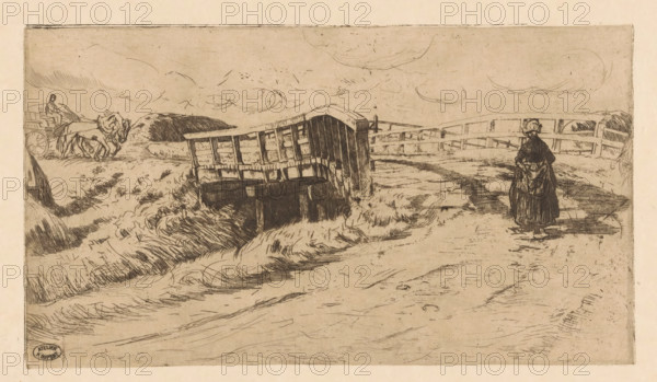 Country road with bridge, print, A wooden bridge in a landscape with haystacks. On the left, a hay