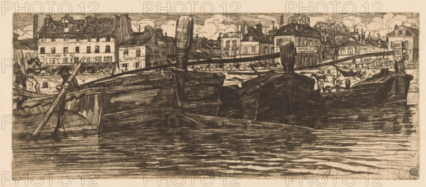 Barges in the Seine in Paris, print, Houses in the background. In front of the houses several