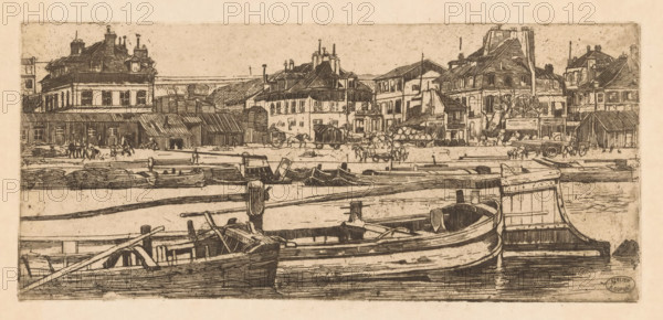 Barges in the Seine in Paris, print, Houses in the background. In front of the houses several