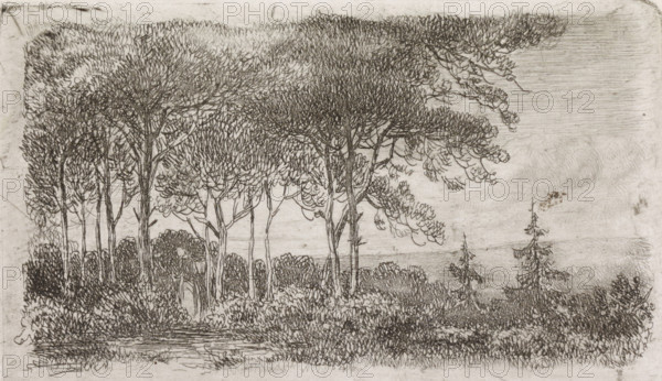 Woman by a row of trees, print, A wooded landscape with a woman with a basket on her back in the