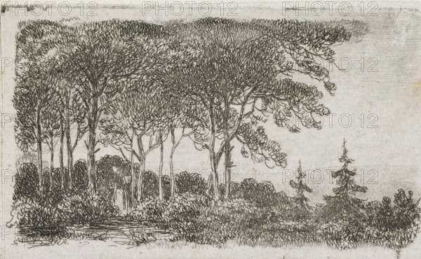 Woman by a row of trees, print, A wooded landscape with a woman with a basket on her back in the