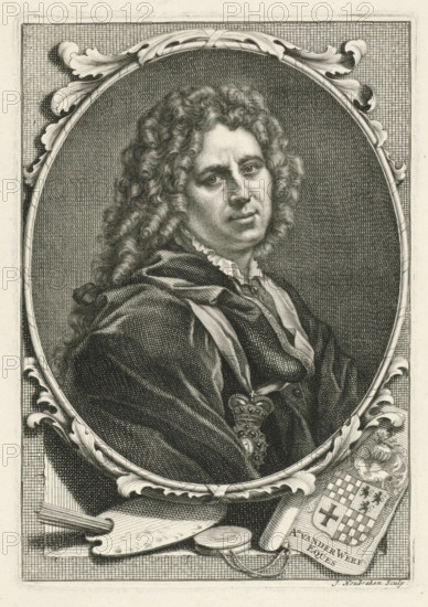 Portrait of Adriaen van der Werff, print, book illustration, printmaker: Jacob Houbraken,