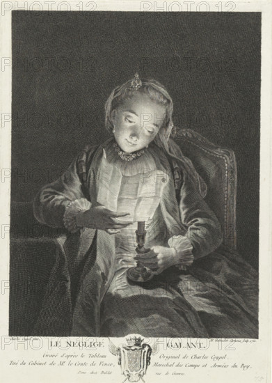 Girl reading a letter by candlelight, Le negligee galant, print, Below the scene the title and a