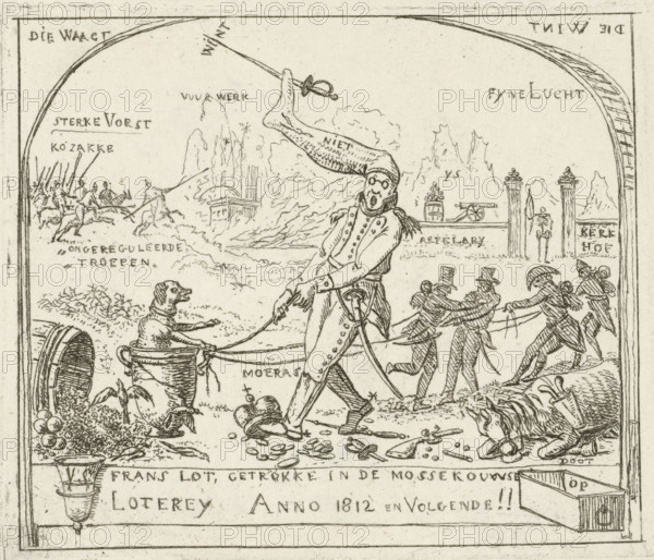Napoleon pulls a dog in a goblet through the swamp, Caricatures of the defeats of the French in