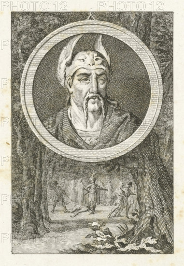 Medal with portrait of Brinno, print, Head of Brinno in medal. In the background a forest with