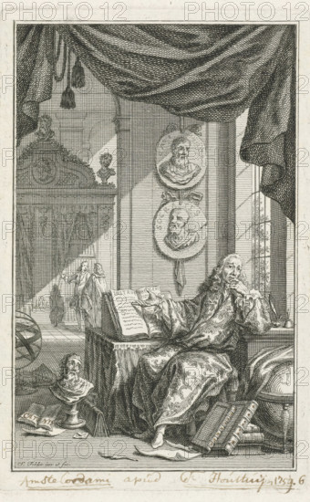 Scholar in study, print, A scholar sits behind a desk in a study and points to an open book. Above