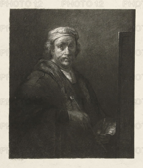 Portrait of Rembrandt van Rijn, print, Portrait of Rembrandt van Rijn standing before his easel.
