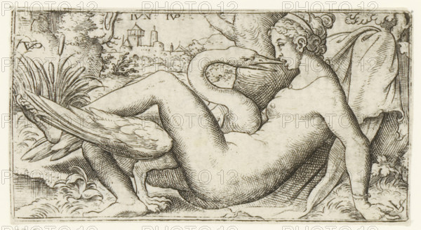 Leda and the swan, print, number: '108', printmaker, after print by, Bavaria, Nuremberg, Virgilius