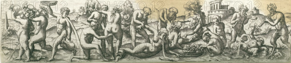 Bacchanal with satyrs and vomiting figures, Three friezes with bacchanals, print, number: '23',