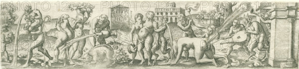 Bacchanal with vomiting satyrs, Three friezes with bacchanals, print, number: '23', printmaker: