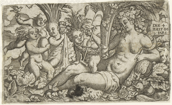 Personification of the Earth with four putti as the four elements, print, number: '122',