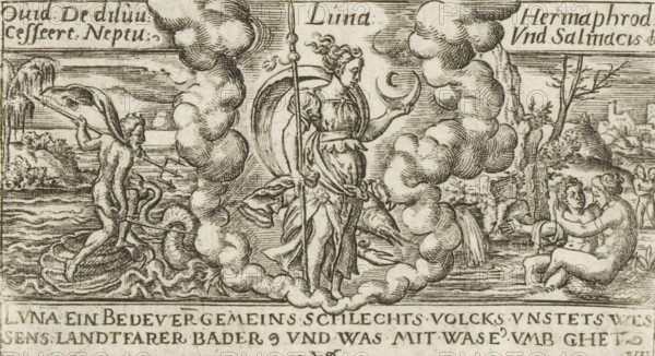 Luna, Luna with a Cancer (zodiac sign), Personifications of planets, print, Numbered lower right: