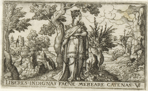 Imprisonment, Female allegories in landscapes, print, number: '72', printmaker: Virgilius Solis,