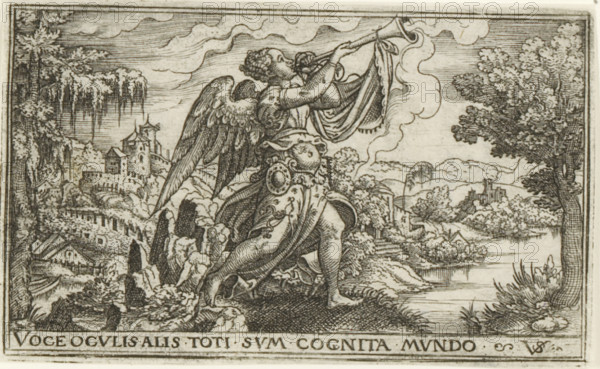 Fama, Female allegories in landscapes, print, number: '72', printmaker: Virgilius Solis, Nuremberg,