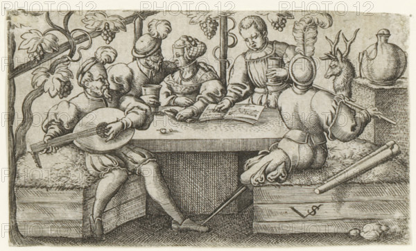 Four men and a woman drinking and playing music, Scenes with drinking figures, print, number: