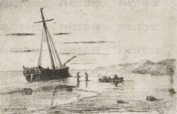 Ship off the coast, print, printmaker: Jan Heppener, The Hague, 1855, paper, etching, etching on