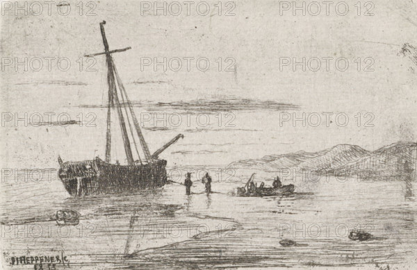 Ship off the coast, print, printmaker: Jan Heppener, The Hague, 1855, paper, chine collé, etching,