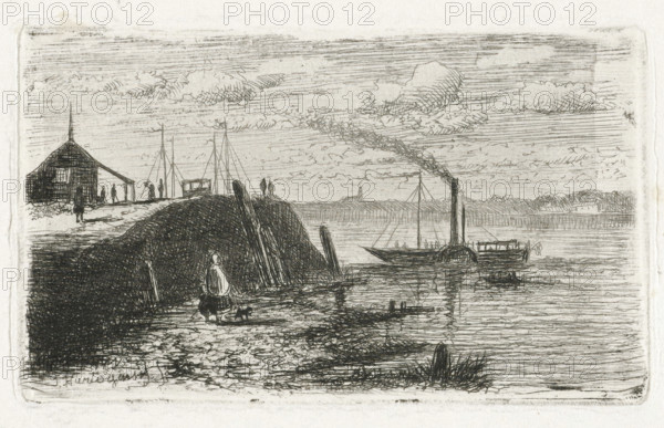 Area of Zaltbommel, with steamboat (former title), River view with a steamboat, print, printmaker: