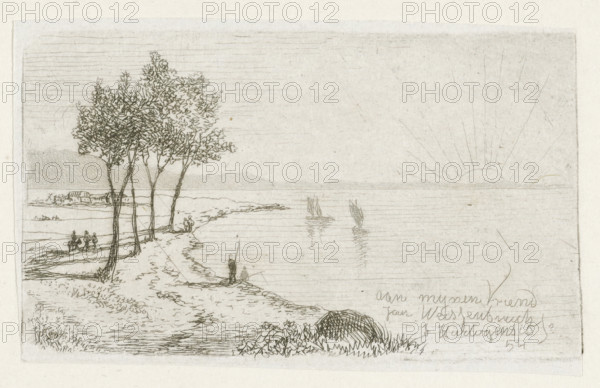River landscape with rising sun, print, printmaker: Joseph Hartogensis, The Hague, dedicated to: