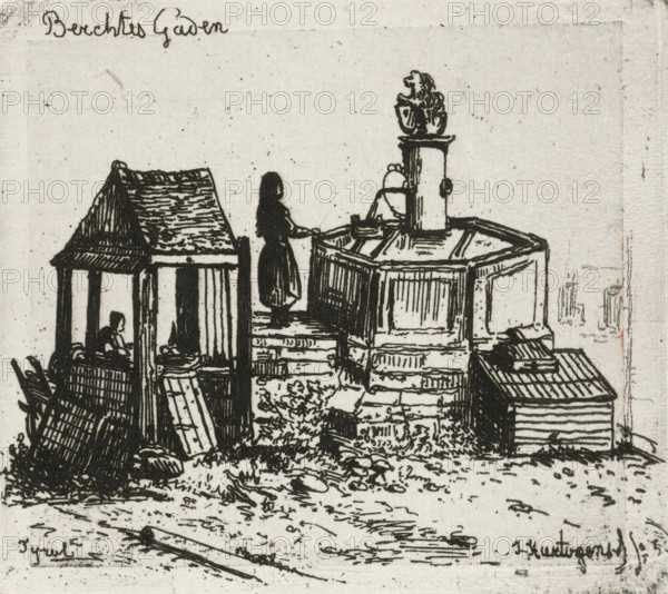 Water pump in Berchtesgaden, print, printmaker: Joseph Hartogensis, The Hague, 1856, paper, chine