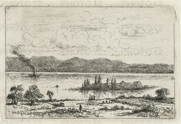 Steamship at a river island, Wörth, print, printmaker: Joseph Hartogensis, unknown, 1850 - 1859,