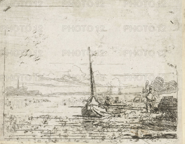 Ship at a bank, print, printmaker: Lambertus Hardenberg (1822-1900), The Hague, c. 1837 - 1900,