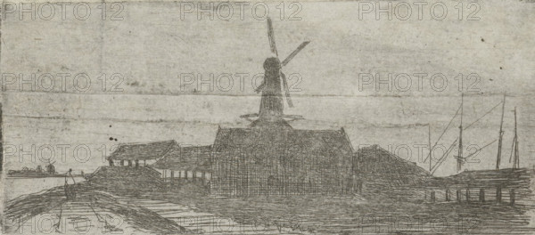 Complex with mill on a river, print, Complex with a windmill, on a dike, with a beginning for a