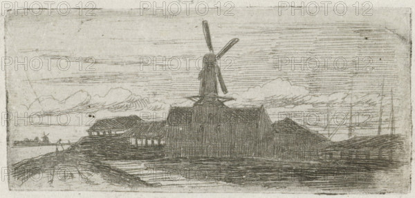 Complex with mill on a river, print, Complex with a windmill, on a dike, with a beginning for a