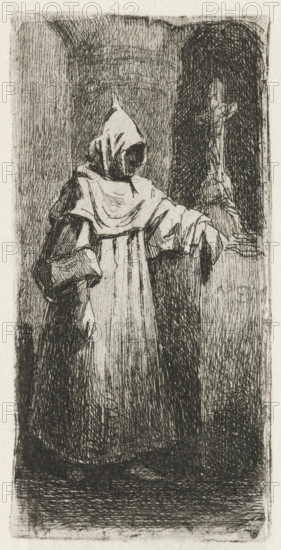 Monk by a crucifix, print, printmaker: Lambertus Hardenberg (1822-1900), The Hague, c. 1837 - 1900,