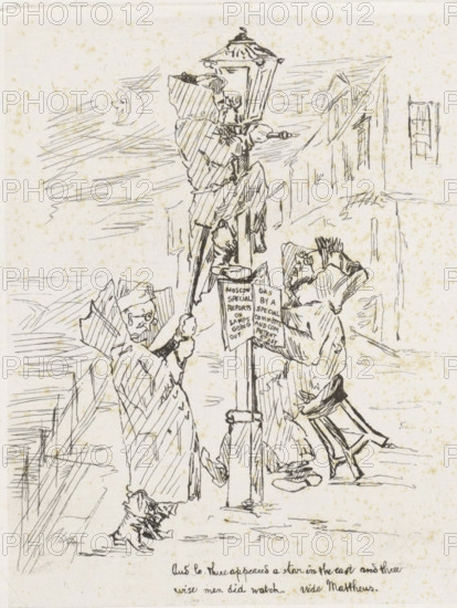 Three men by a gas lantern, cartoon, print, A gas lantern stands by a building with three men in