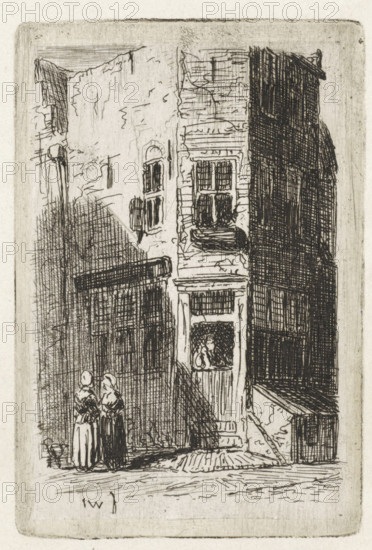 View of a corner house in Leiden, print, Two women stand in front of a corner house., printmaker: