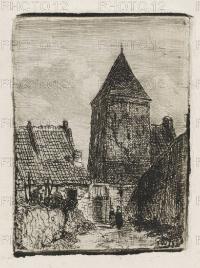Square tower in Culemborg, print, On the right stands a square tower partly behind a house. Another