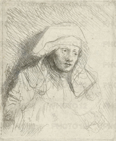 Sick woman with a large white headdress (Saskia), print, printmaker: Rembrandt van Rijn, c. 1645,