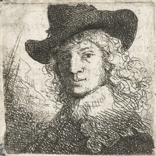 Alleged portrait of Jan Six, print, Bust of a man with a hat and white collar, possibly a portrait