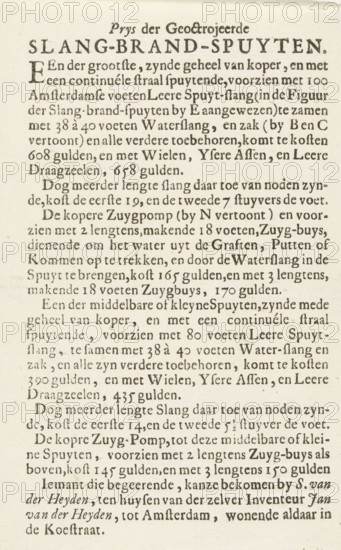 Price list of the hose fire pumps, ca. 1725, Prys der geoctrojeerde Slang-brand-spuyten, text
