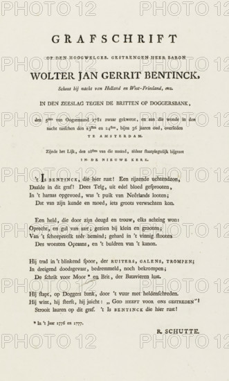 Epitaph on the highly esteemed stern lord Baron Wolter Jan Baron Bentinck, Epitaph on the death of