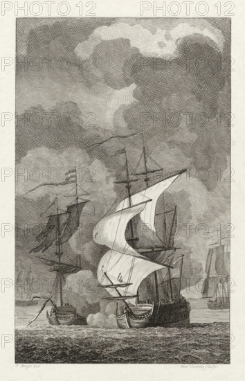 Jarry killed in battle with the English, 1783, print, historical print, The privateer ship 'de