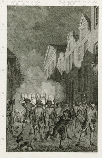 Confrontation between civilian patrol and military patrol in Arnhem, 1784, print, historical print,