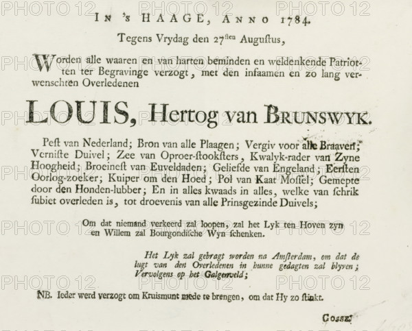 Invitation to the funeral of the Duke of Brunswick, 1784, text sheet, Fictitious invitation to
